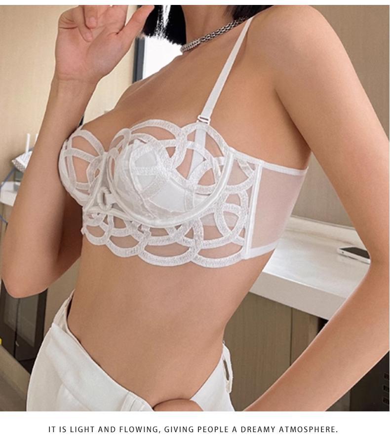 French Style Sexy Lingerie for Women, Thin Transparent Breathable Lace Bra, Minimizing Large Bust, Side Breast Collection, Push-Up Bra Set