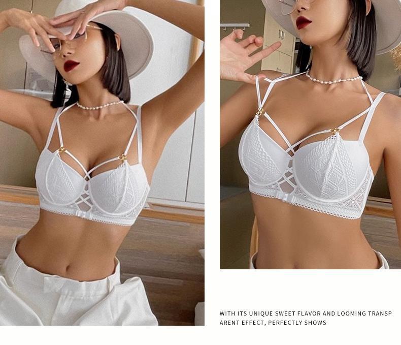 Cross-Border European and American Style French Lingerie Sexy Lace Strap Design Large Bust Push-Up Anti-Sagging Bra Set