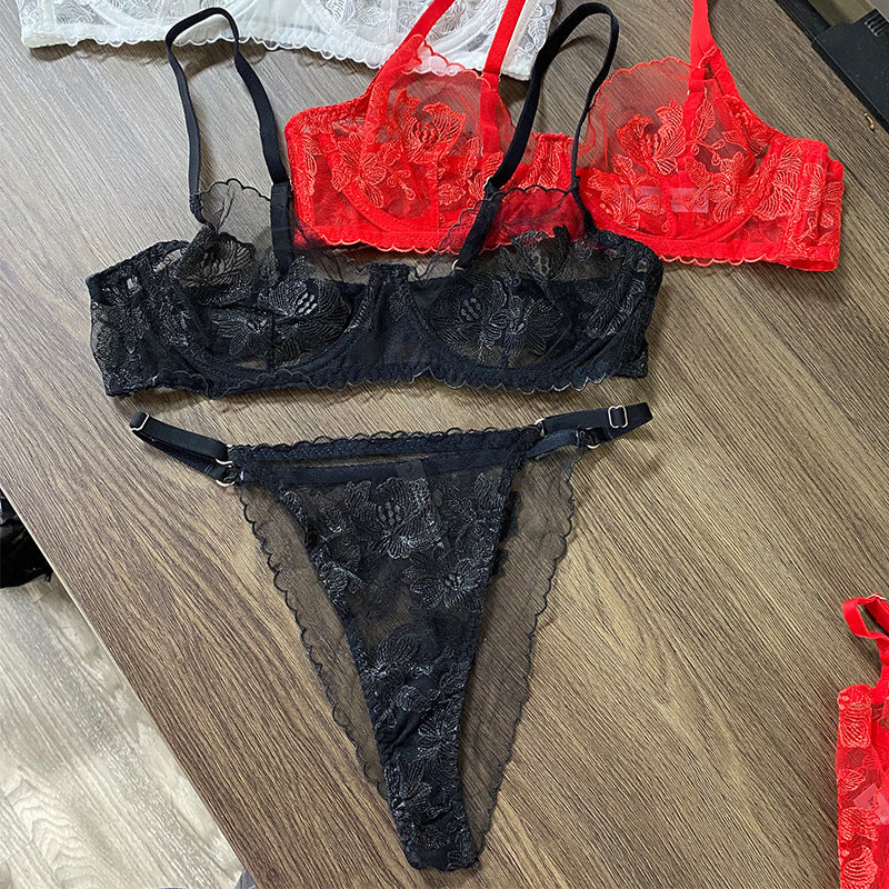 European and American Cross-Border French Style Sexy Lingerie Set Ultra-Thin See-Through Lace Temptation Big Bust Minimizer Bra Erotic Lingerie