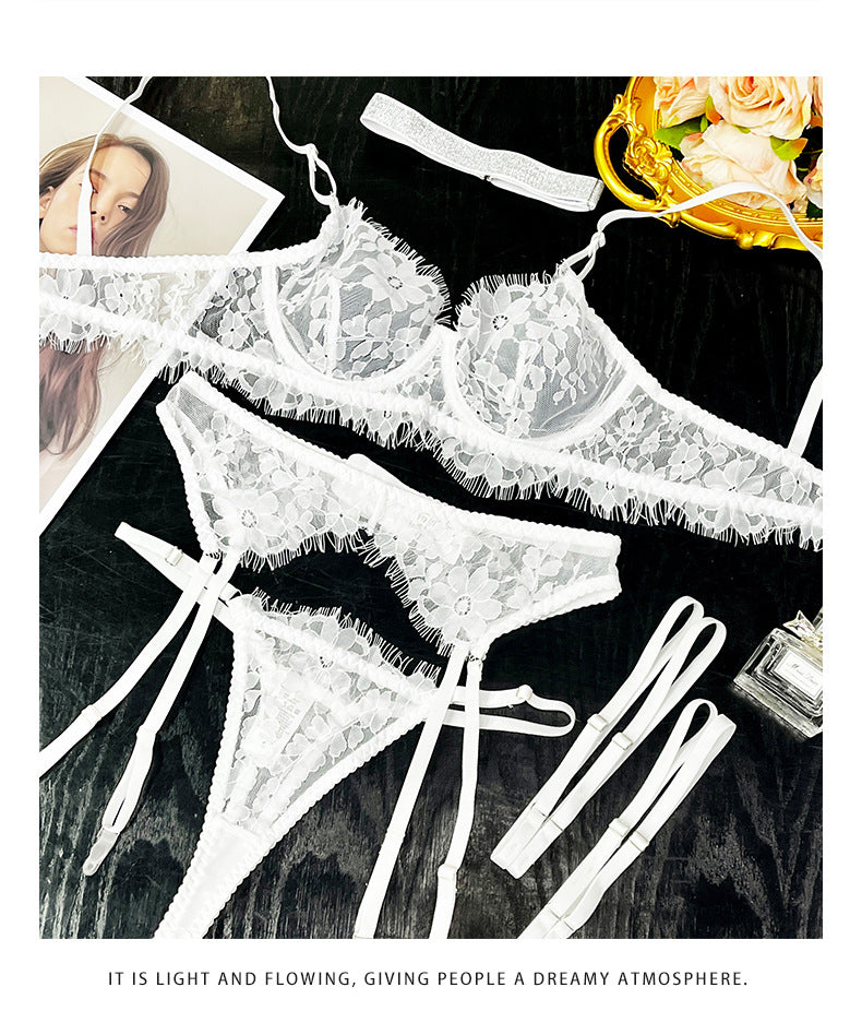 Amazon European and American French Style Sexy Lingerie Women's Ultra-Thin Embroidered Lace See-Through Temptation Thong Five-Piece Set