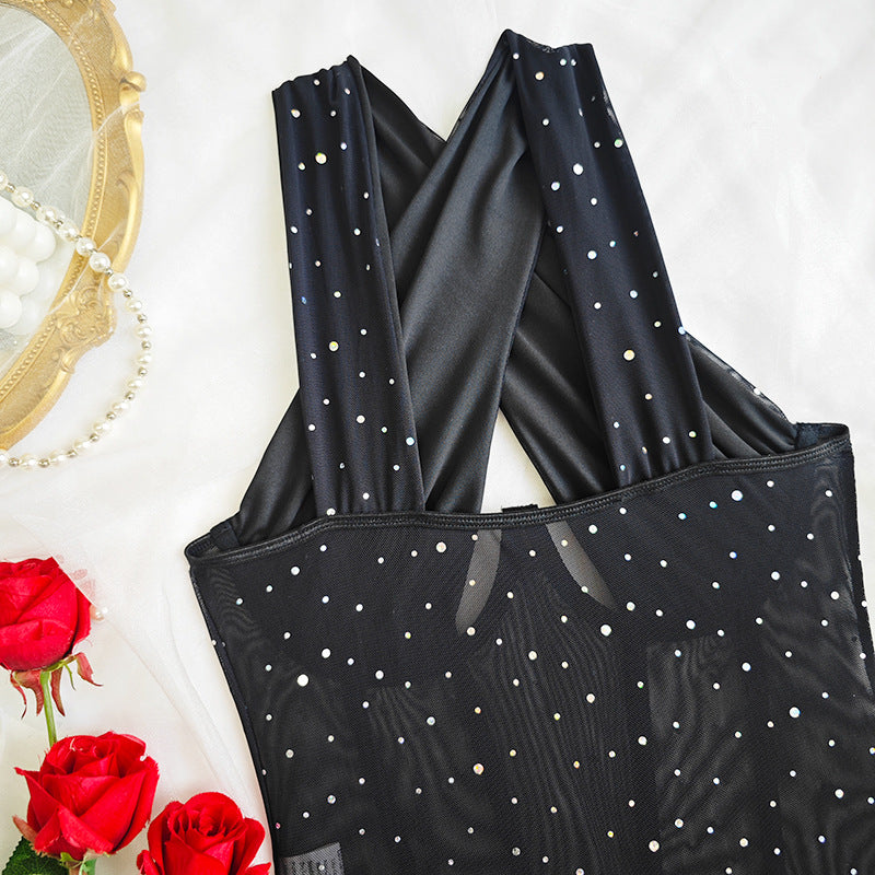 European and American Style Hot Girl Rhinestone Mesh Patchwork Chest Wrap Underwire Fishbone Halter Neck Strap Waist Cincher Diamond Sexy Bodysuit for Women