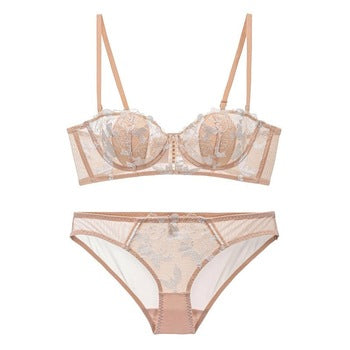 European and American Sexy Bra Set Ultra-thin Semi-transparent Half Cup Lace Bra Small Chest Push-up Anti-sagging Plus Size Bra