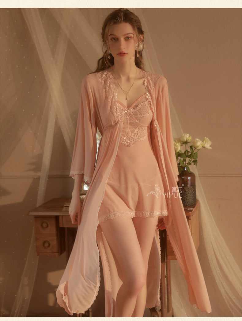 Yiyue Sexy Lingerie Sexy Strap Lace Temptation Nightdress Hot See-through Mesh Plus Size Nightgown Set8449