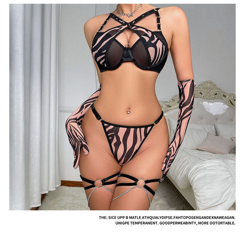 Cross-Border Foreign Trade Hot-Selling Sexy Mesh Leopard Print Metal Chain Lingerie Set with Gloves and Leg Rings Four-Piece Set
