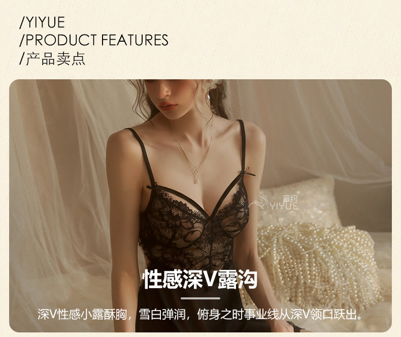 Yiyue Sexy Lingerie Sexy Strap Lace Temptation Nightdress Hot See-through Mesh Plus Size Nightgown Set8449