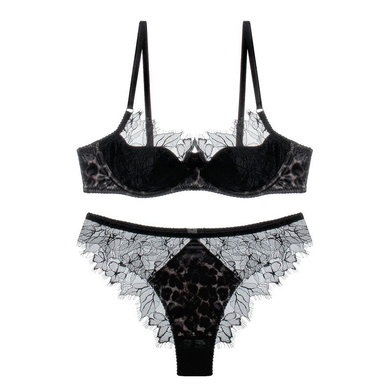 European and American Sexy Lace Lingerie Thin Leopard Print Satin Patchwork French Lingerie Large Bust Minimizer Plus Size Bra Set