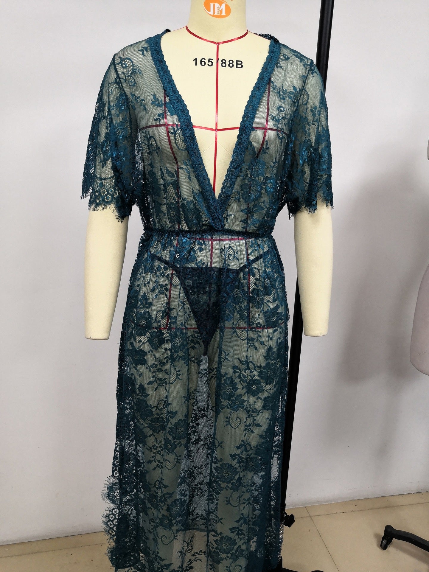 European and American Foreign Trade Women's Sexy Lingerie Long Lace Dress V Collared Three-quarter Sleeve Sexy Nightgown AliExpress Source Robe