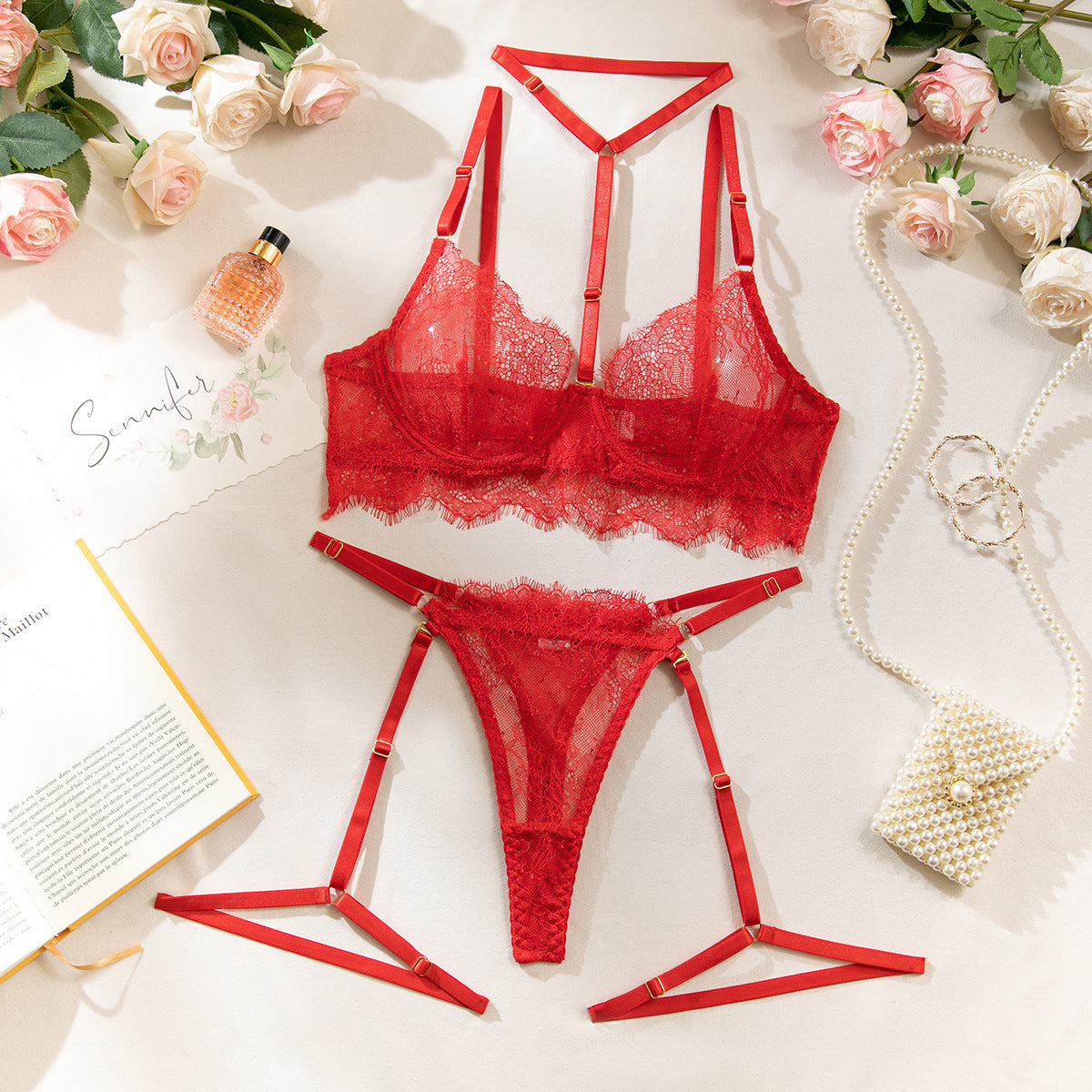 European and American Cross-Border Sexy Lingerie Four-Piece Set Sexy Hollow Lace Eyelash Halter Neck Lingerie with Detachable Leg Rings