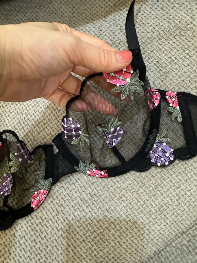 European and American Cross-Border Trade Sexy Bra Ultra-Thin Mesh Pineapple Embroidery Lace Large Bust Minimizer Sexy Lingerie Set
