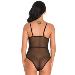 Spring New Lace Trim Mesh Camisole Bodysuit for Women Hollow Out Backless Deep V Sexy Bodysuit