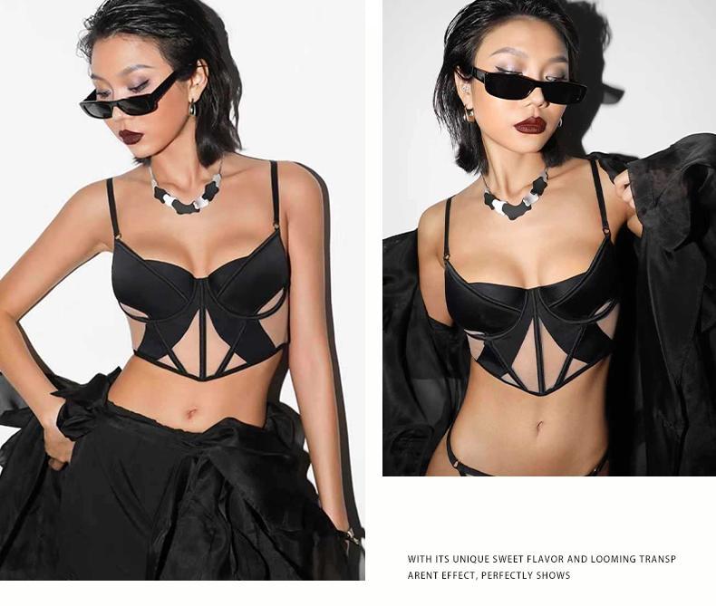 Cross-Border Sexy Lingerie for Women French Style Thin Cotton Smooth Mesh Fishbone Bra Set for Large Bust Minimizing Anti-Sagging Bra Set