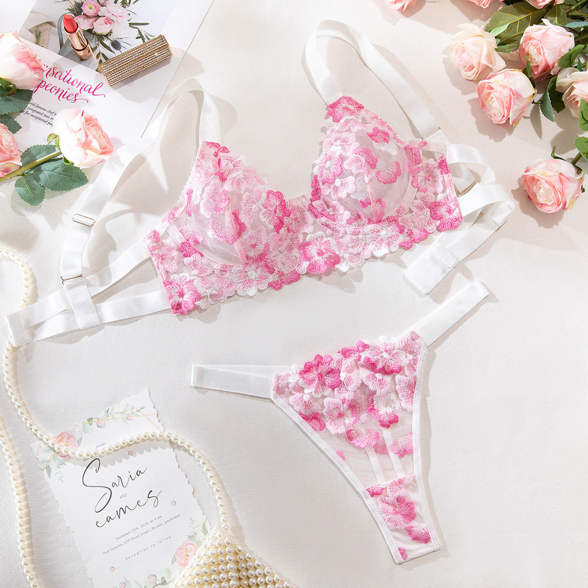Foreign Trade Cross-Border Sexy Lingerie Big Bust Minimizer Push-Up Pure Girl Embroidered Flowers Comfortable Erotic Lingerie Set