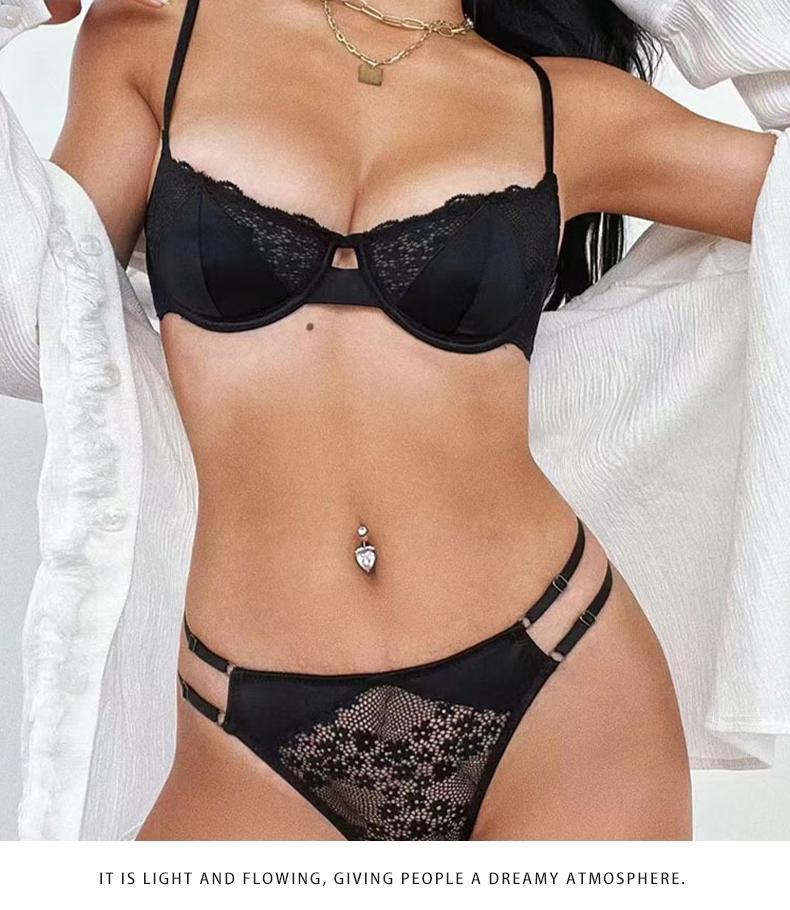 French Style Sexy Lingerie for Women Lace Girl Satin Embroidery Print Large Bust Minimizer Push-Up Bra Set