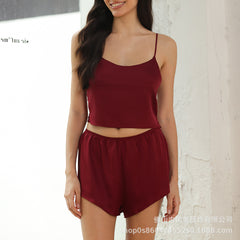 European and American New Sexy Pajamas for Women Ice Silk Summer Thin Solid Color Strap Shorts Homewear Two-Piece Set Wholesale