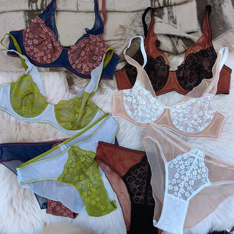 Cross-Border Hot-Selling French Style Sexy Lingerie Ultra-Thin Retro Color-Block Lace Bra Large Bust Minimizer Sexy Lingerie Set