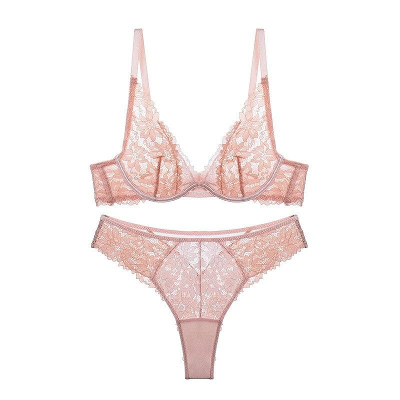 Cross-Border European and American Sexy Lingerie for Women French Style Ultra-Thin See-Through Lace Lingerie Big Chest Minimizer Anti-Sagging Bra Set