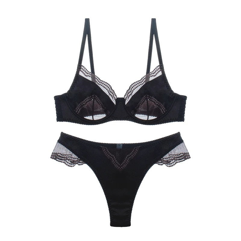 European and American Cross-Border French Style Lingerie Summer Sexy Ultra-Thin Mesh Patchwork Satin Lace Large Bust Minimizer Bra Set