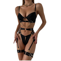 European and American Cross-Border Hot-Selling Sexy Lingerie Big Chest Minimizer Tie-Up Metal Punk Style Erotic Lingerie Women's Four-Piece Set
