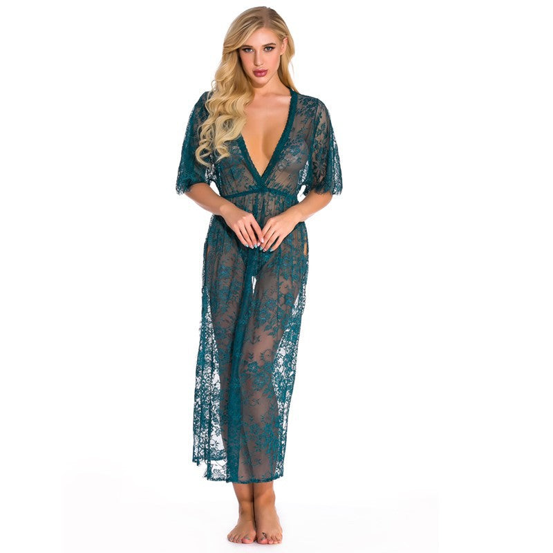 European and American Foreign Trade Women's Sexy Lingerie Long Lace Dress V Collared Three-quarter Sleeve Sexy Nightgown AliExpress Source Robe