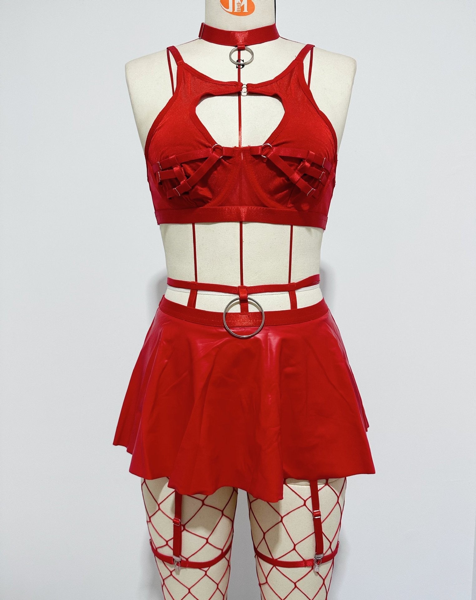 European and American AliExpress Hot-Selling Sexy Lingerie Solid Color Leather Skirt with Fishnet Stockings Tie-Up Push-Up Bra Set