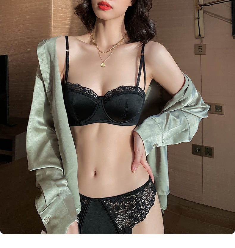 Cross-Border Hot-Selling French Lace Lingerie Women Sexy Thin Satin Large Bust Minimizer Anti-Sagging Bra Set
