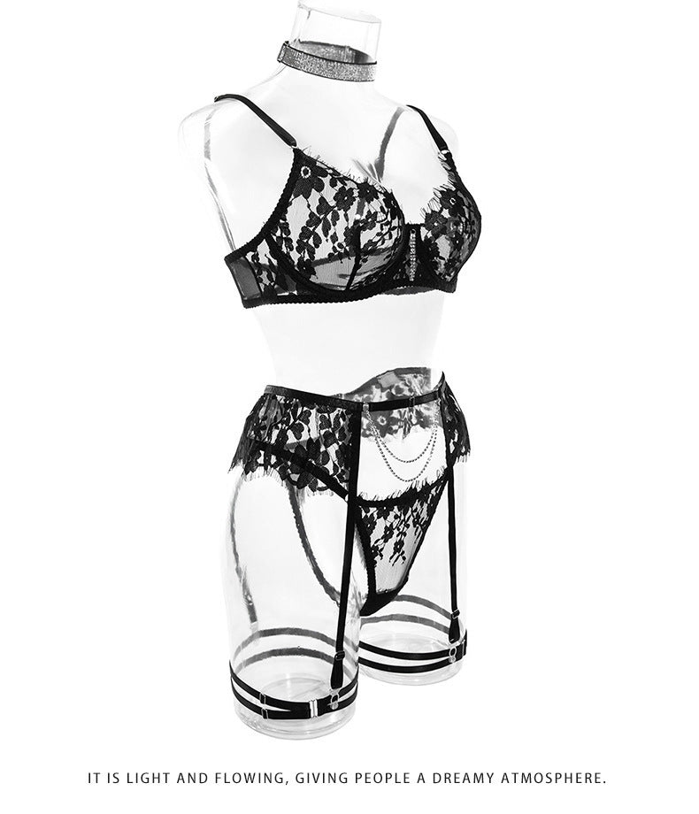 European and American Hot-Selling Sexy Lingerie for Women with Embroidered Eyelash Edge, Rhinestone Neck Ring, Garter Belt, Bra, and Five-Piece Set