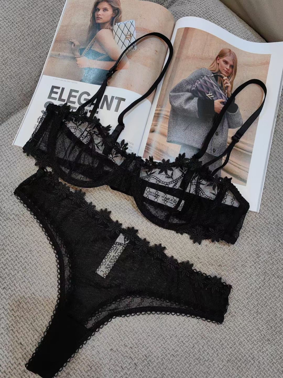 Cross-Border European and American Style French Lace Sexy Lingerie Ultra-Thin See-Through Half-Cup Embroidery Big Chest Minimizer Sexy Lingerie Set