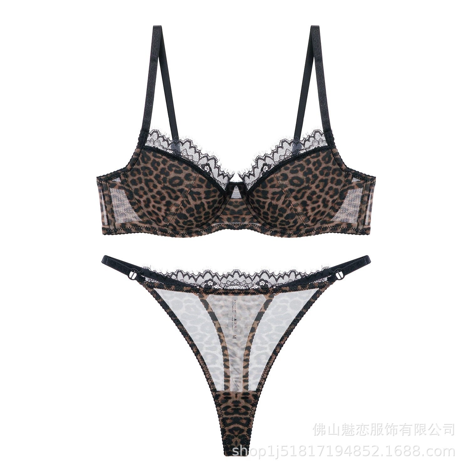 Cross-Border European and American Style Sexy Lingerie for Women Lace Leopard Mesh See-Through Large Bust Minimizer Push-Up Bra Set