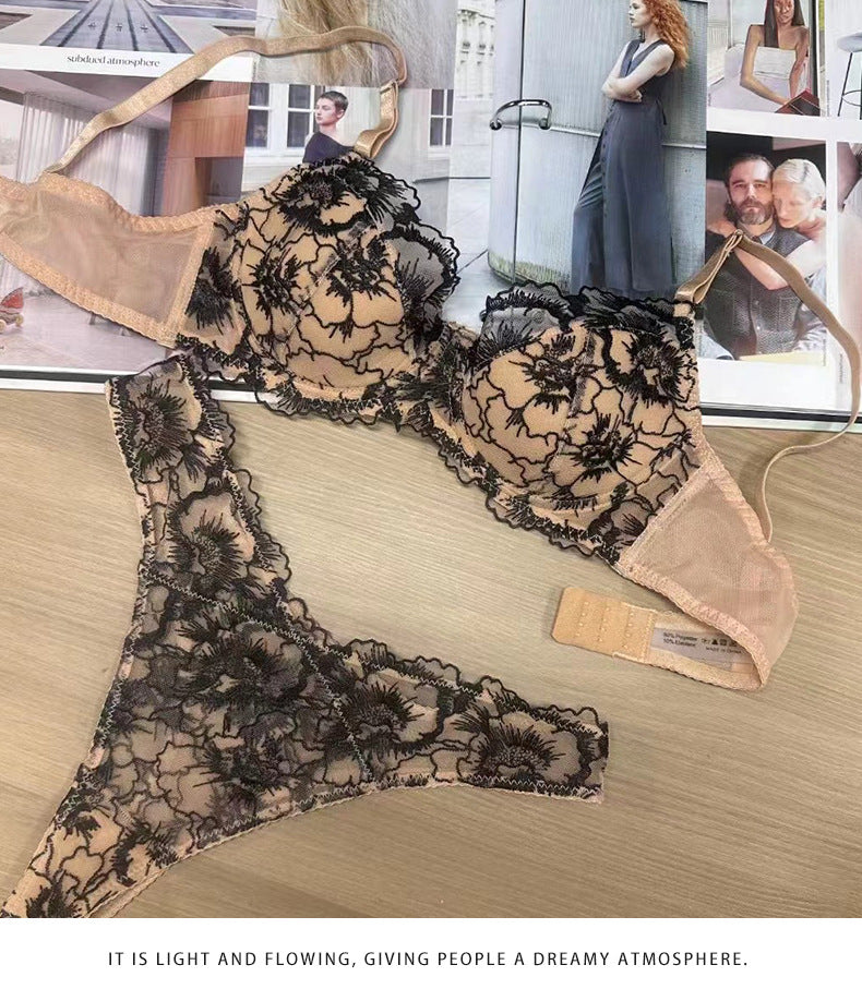 Cross-Border European and American Sexy Lingerie French Style Thin Jacquard Embroidery Lace Lingerie Large Bust Minimizer Anti-Sagging Bra