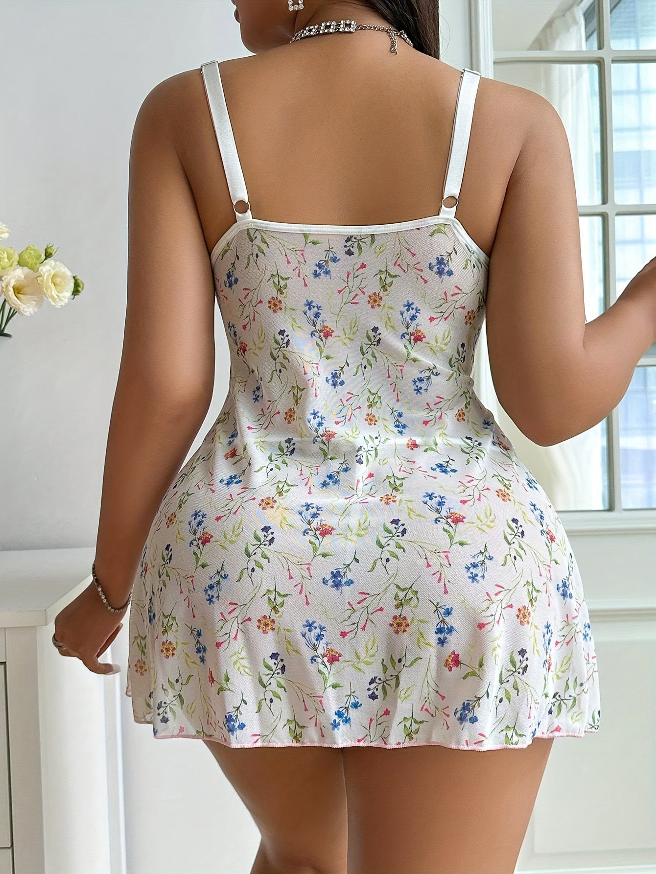 Cross-Border European and American Sexy Lingerie for Women Floral See-Through Mesh Lace Trim Plus Size Camisole Dress Thong Set