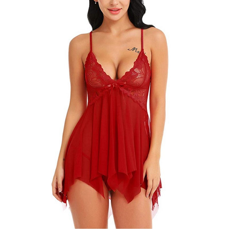 New European and American Spring Summer New Women's Sexy Lace Nightdress Lace Deep v Strappy Sexy Nightwear Homewear Set