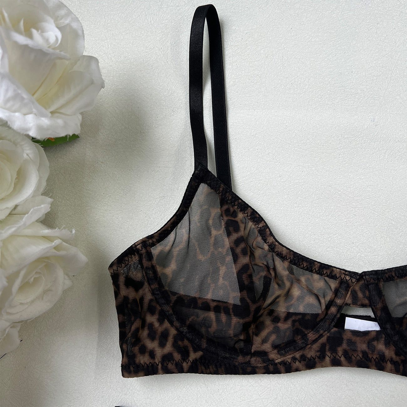 European and American Cross-Border Sexy Lingerie Big Chest Minimizer Ultra-Thin See-Through Leopard Mesh Temptation Sexy Bra Two-Piece Set for Women