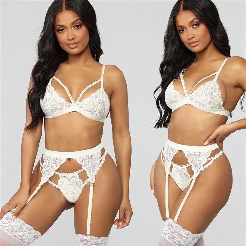 Sexy Women's Lace 3-Piece Lingerie Set - Push-Up Bra, Thong & Garter Belt | Sheer Floral Design
