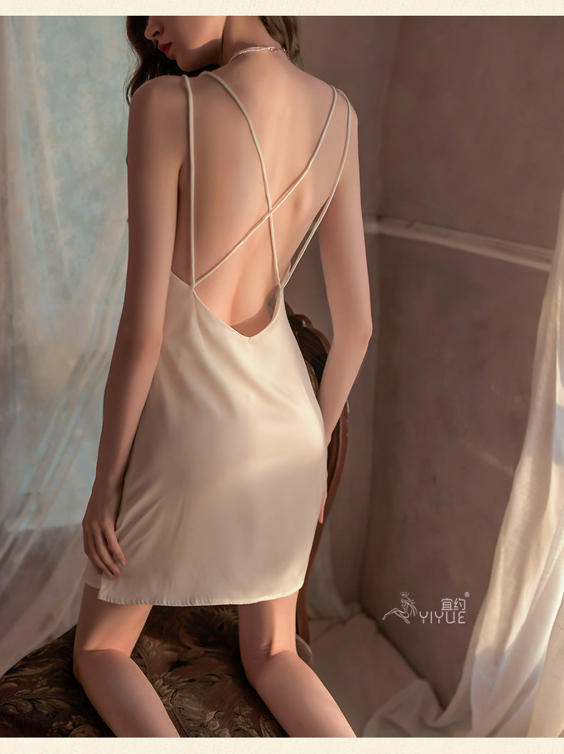 Yiyue Sexy Lingerie Sexy Ice Silk Strap Hollow Nightdress for Women Hot Passion Temptation Sleepwear Homewear8331