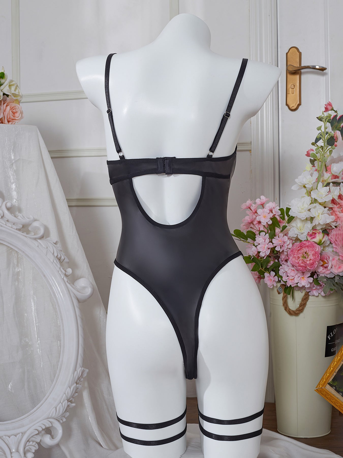 Amazon Cross-Border Sexy Lingerie for Women PU Leather Temptation Passion Tight Strap Hollow Out Camisole Bodysuit