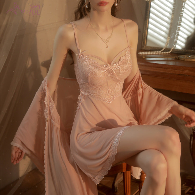 Yiyue Sexy Lingerie Sexy Strap Lace Temptation Nightdress Hot See-through Mesh Plus Size Nightgown Set8449