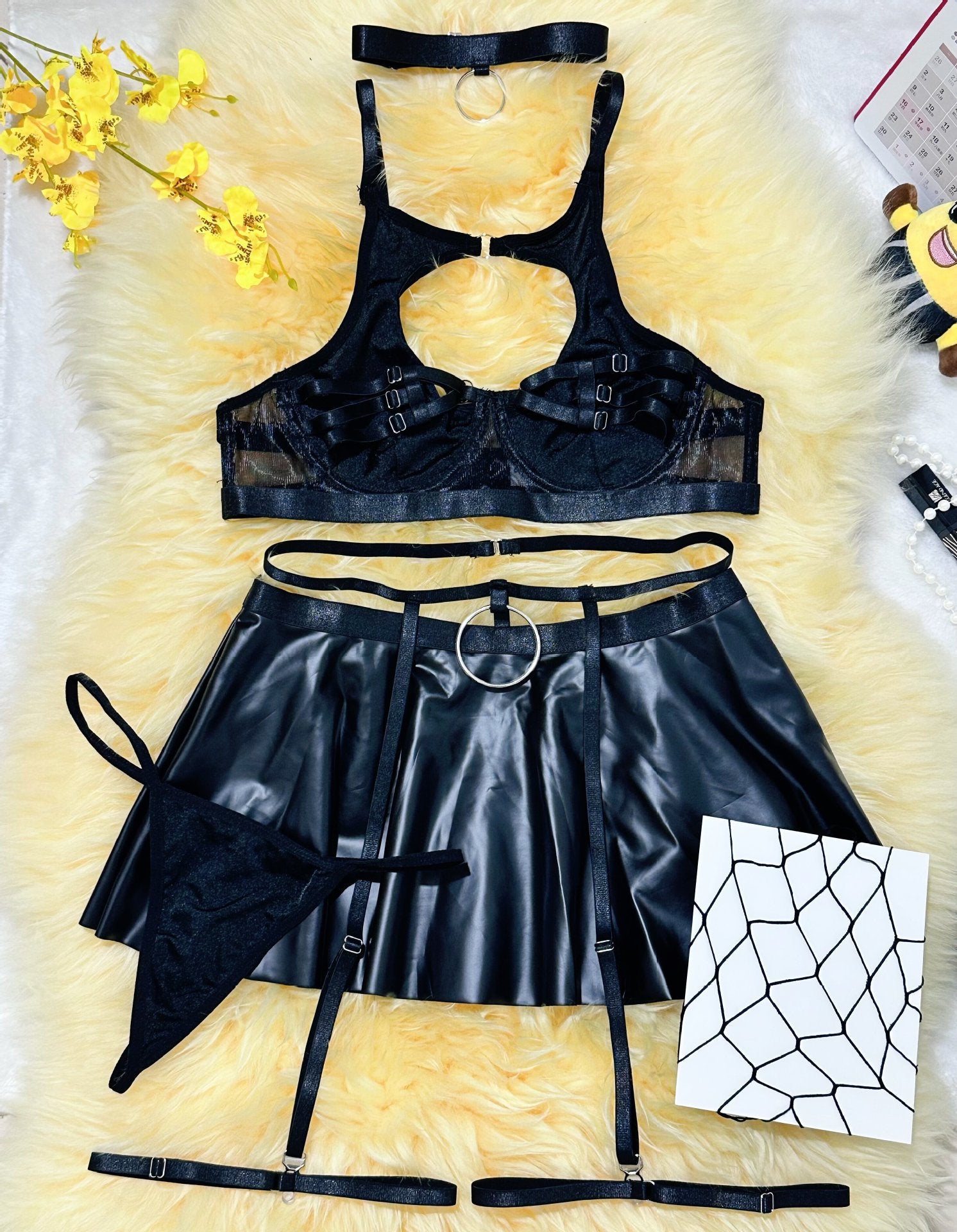European and American AliExpress Hot-Selling Sexy Lingerie Solid Color Leather Skirt with Fishnet Stockings Tie-Up Push-Up Bra Set