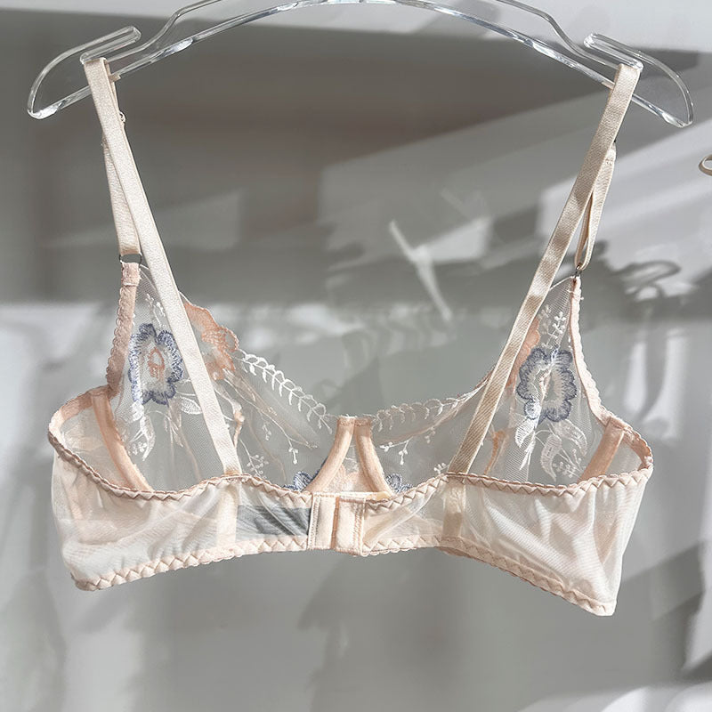 Cross-Border European and American French Style Lingerie Sexy Set Ultra-Thin See-Through Lace Bra Big Chest Minimizer Anti-Sagging Two-Piece Set