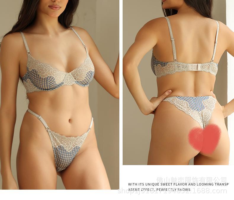 Cross-Border European and American Style French Lingerie Sexy See-Through Mesh Lace Plaid Large Bust Minimizer Push-Up Bra Set