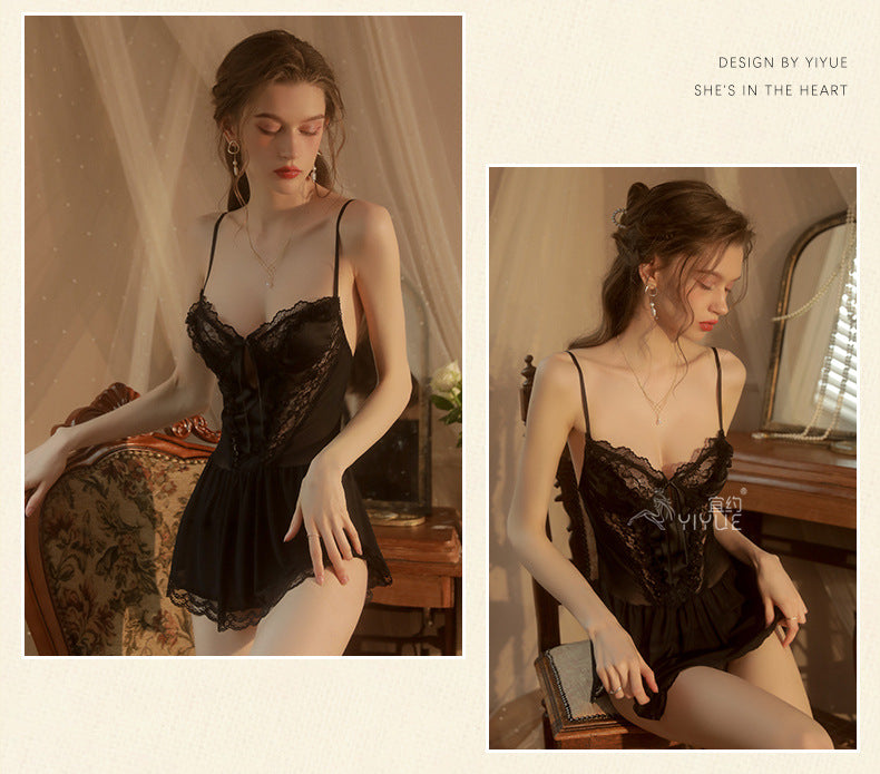 Yiyue Sexy Lingerie Sexy Strap Lace Temptation Nylon Mesh Thin Transparent Hot Hollow Nightdress8462