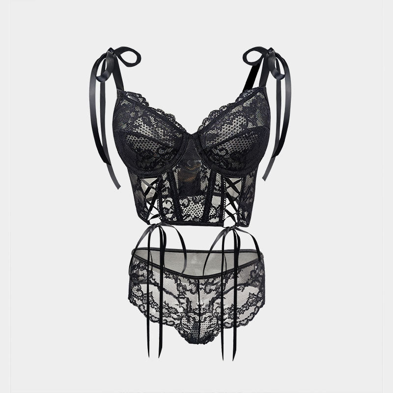 2025European and American Amazon Sexy Lingerie Lace See-through Temptation Push-up Bra Thong Two-piece Set