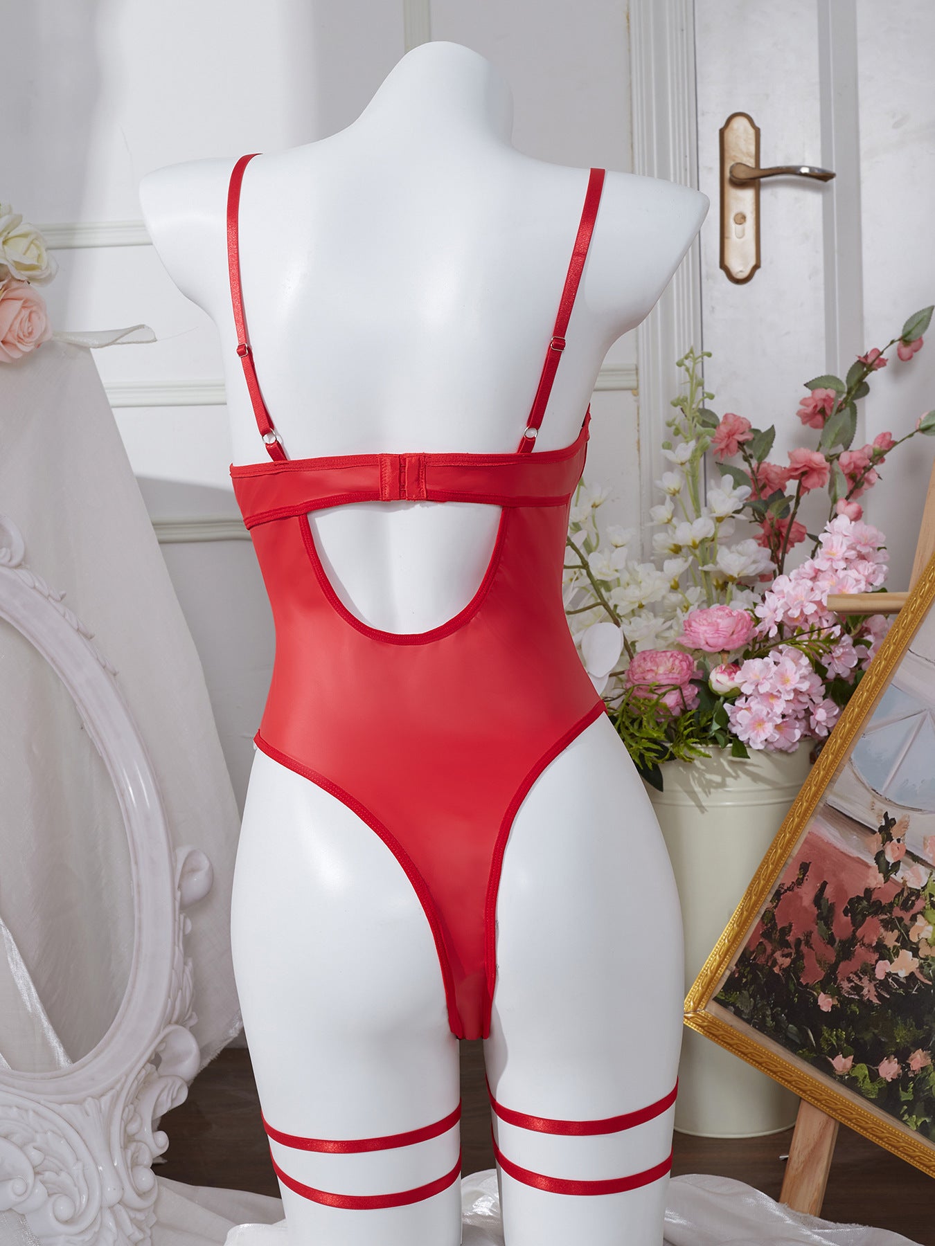 Amazon Cross-Border Sexy Lingerie for Women PU Leather Temptation Passion Tight Strap Hollow Out Camisole Bodysuit