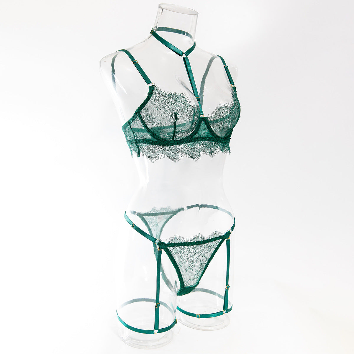 European and American Cross-Border Sexy Lingerie Four-Piece Set Sexy Hollow Lace Eyelash Halter Neck Lingerie with Detachable Leg Rings