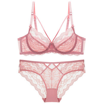 European and American Sexy Bra Set Ultra-thin Semi-transparent Half Cup Lace Bra Small Chest Push-up Anti-sagging Plus Size Bra