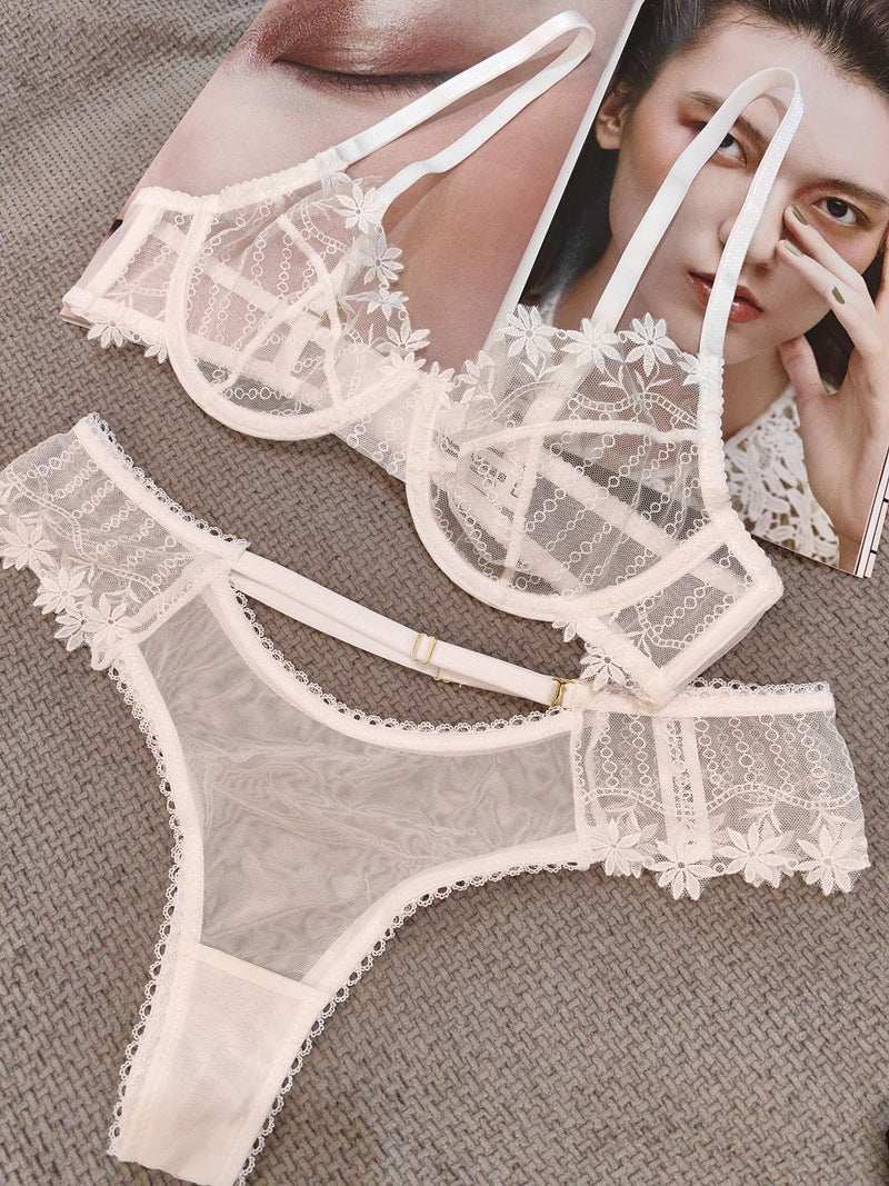 Cross-Border French Style Sexy Lingerie Ultra-Thin Mesh Embroidered Lace Bra Large Bust Minimizer Anti-Sagging Summer Underwear