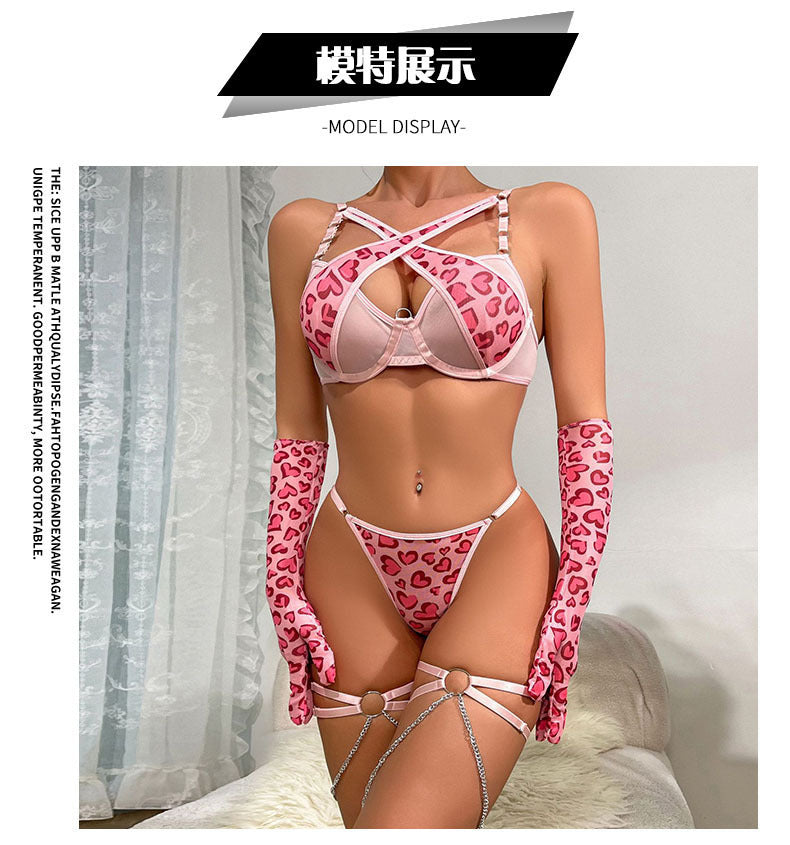 Cross-Border Foreign Trade Hot-Selling Sexy Mesh Leopard Print Metal Chain Lingerie Set with Gloves and Leg Rings Four-Piece Set
