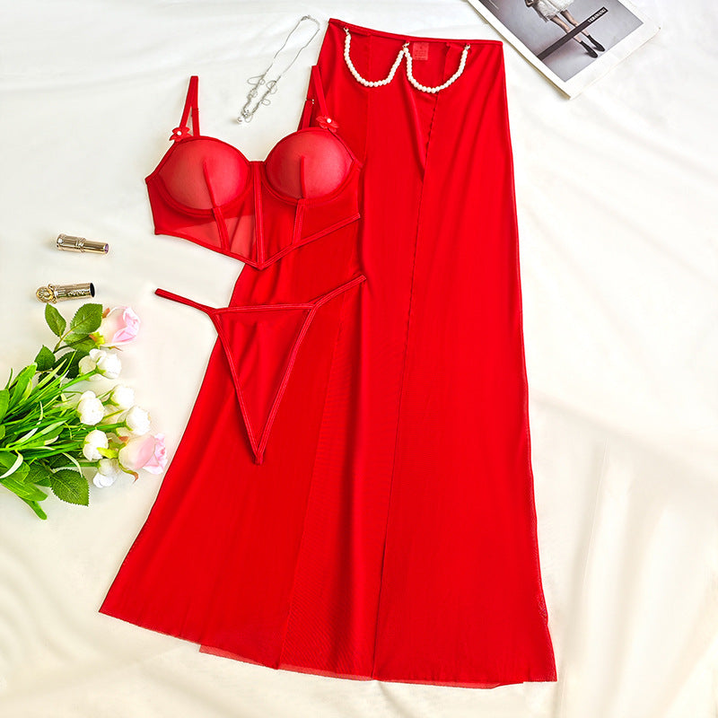 Amazon Foreign Trade European and American Sexy Lingerie Sexy See-through Mesh Slit Long Dress Three-piece Set Sexy Set