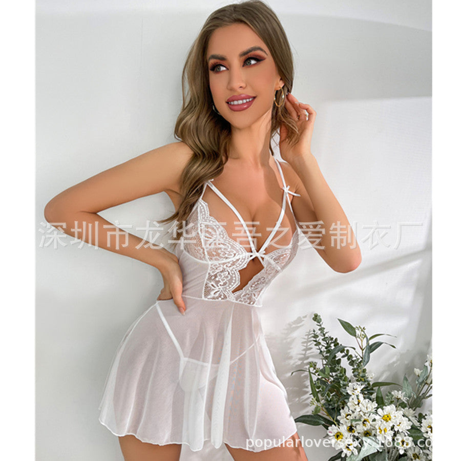 Cross-Border New Lace Strap Nightdress Backless Temptation Sexy Sleepwear Solid Color Comfortable Homewear Set