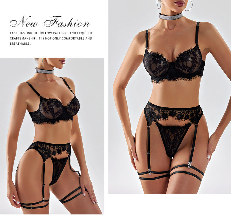 Amazon European and American French Style Sexy Lingerie Women's Ultra-Thin Embroidered Lace See-Through Temptation Thong Five-Piece Set