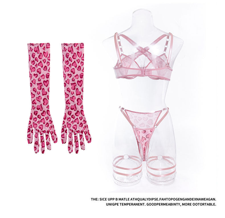Cross-Border Foreign Trade Hot-Selling Sexy Mesh Leopard Print Metal Chain Lingerie Set with Gloves and Leg Rings Four-Piece Set